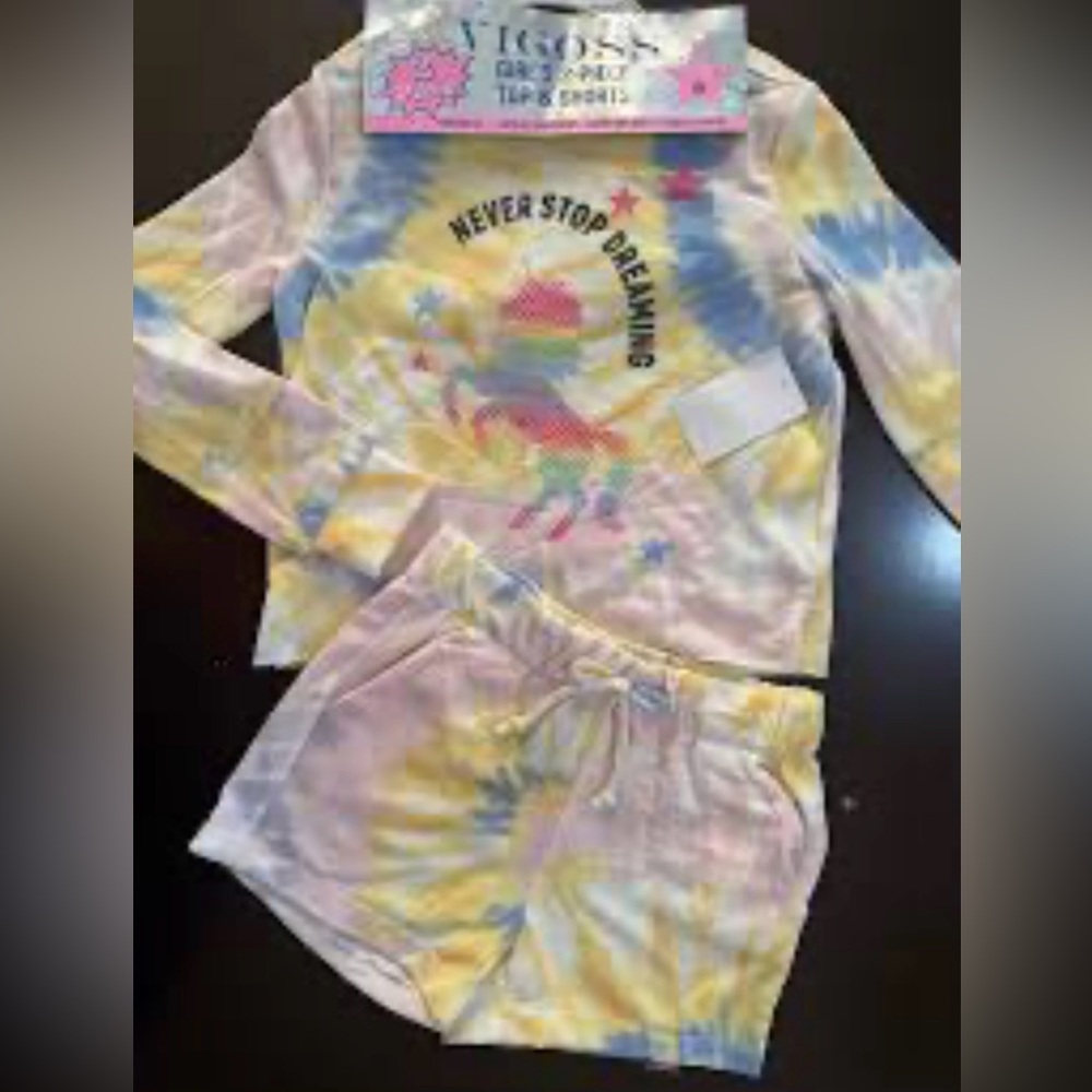 NWT VIGOSS Girl’s Tie-Dye Two Piece Top & Shorts Set Unicorn Size Medium 8-10